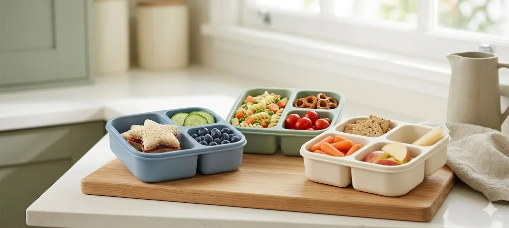 BPA-free compartment containers packed with kid-friendly lunch portions.