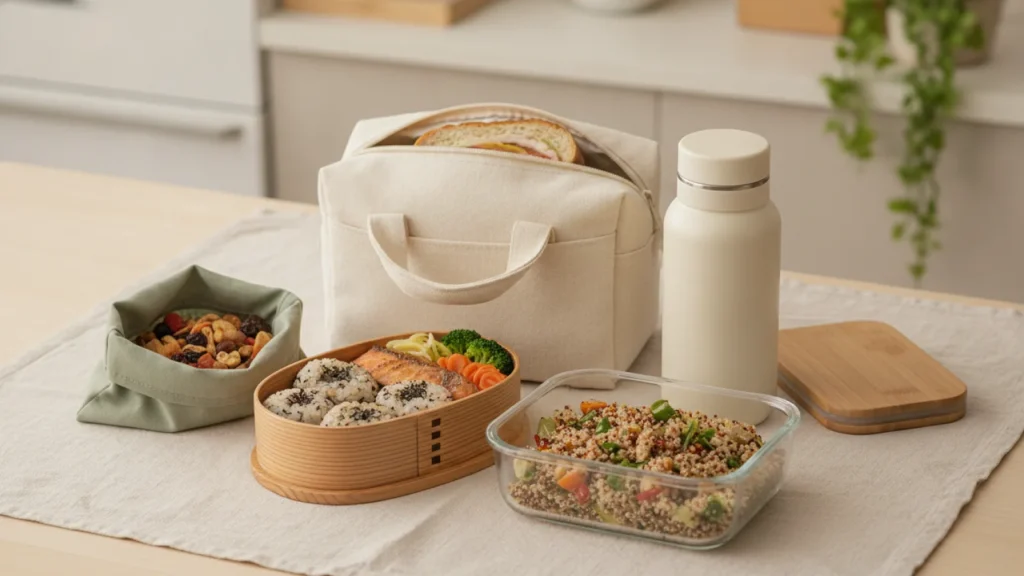 A complete lunchbox system with bento box, snack bag, lunch bag, bottle and meal-prep container