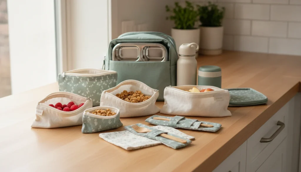 Complete reusable lunchbox kit with snack bags ready for school