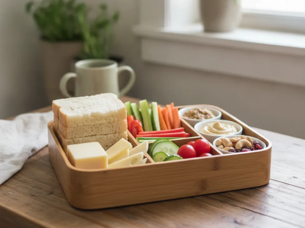 A deconstructed sandwich lunchbox with familiar foods in small portions