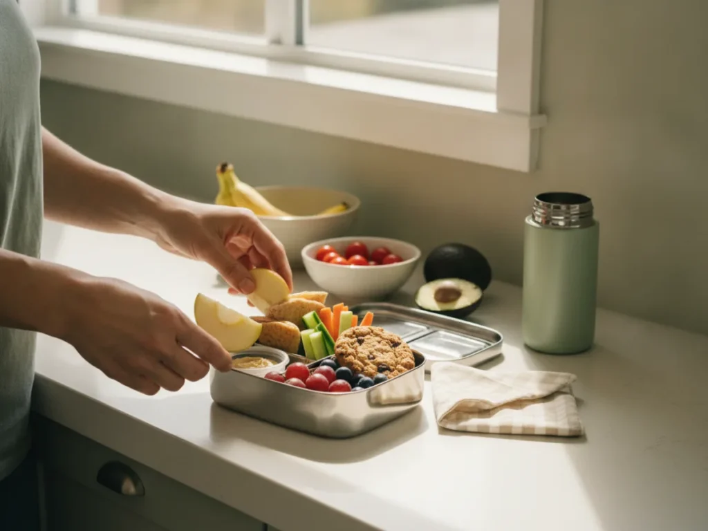 A parent packing a simple balanced school lunch during a calm morning routine