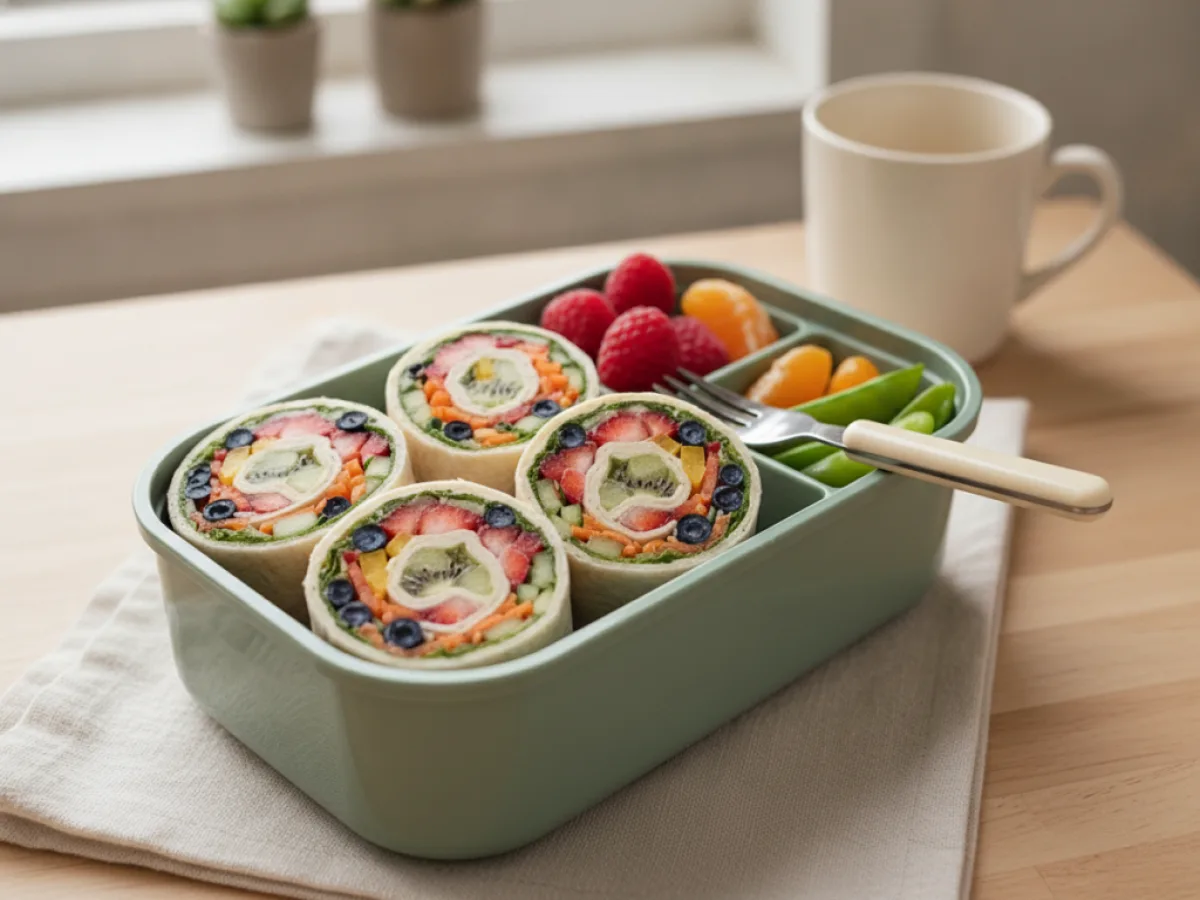 Lunchbox pinwheel wraps with fruit and vegetables for a quick school lunch