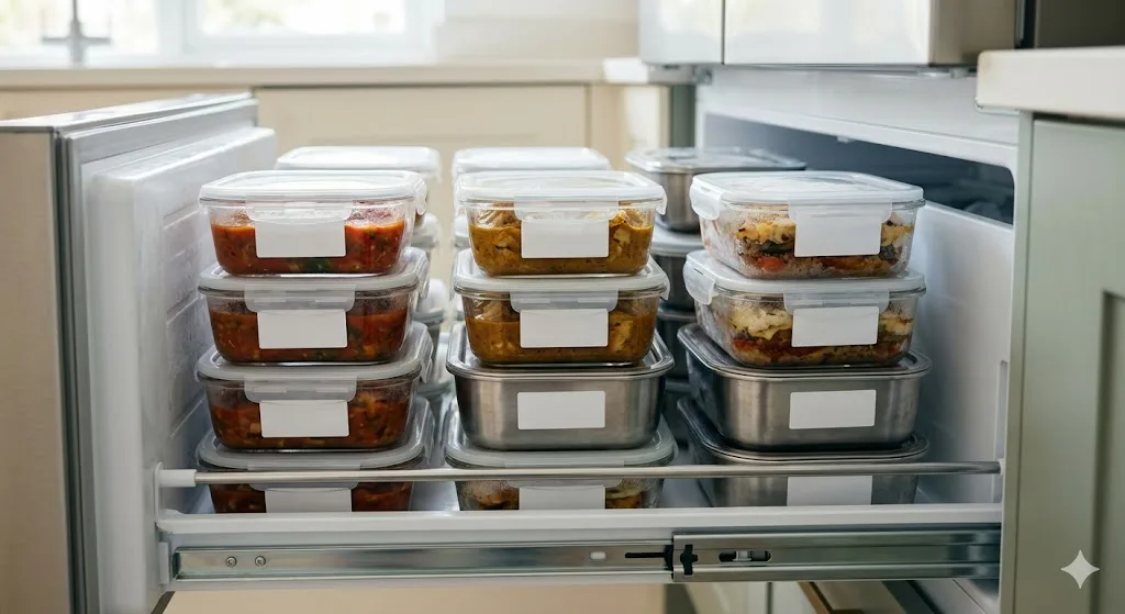 Meal prep containers batch-stored and stacked in a freezer drawer.