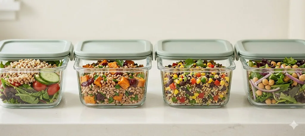 Glass meal prep containers with prepped salads and grains.