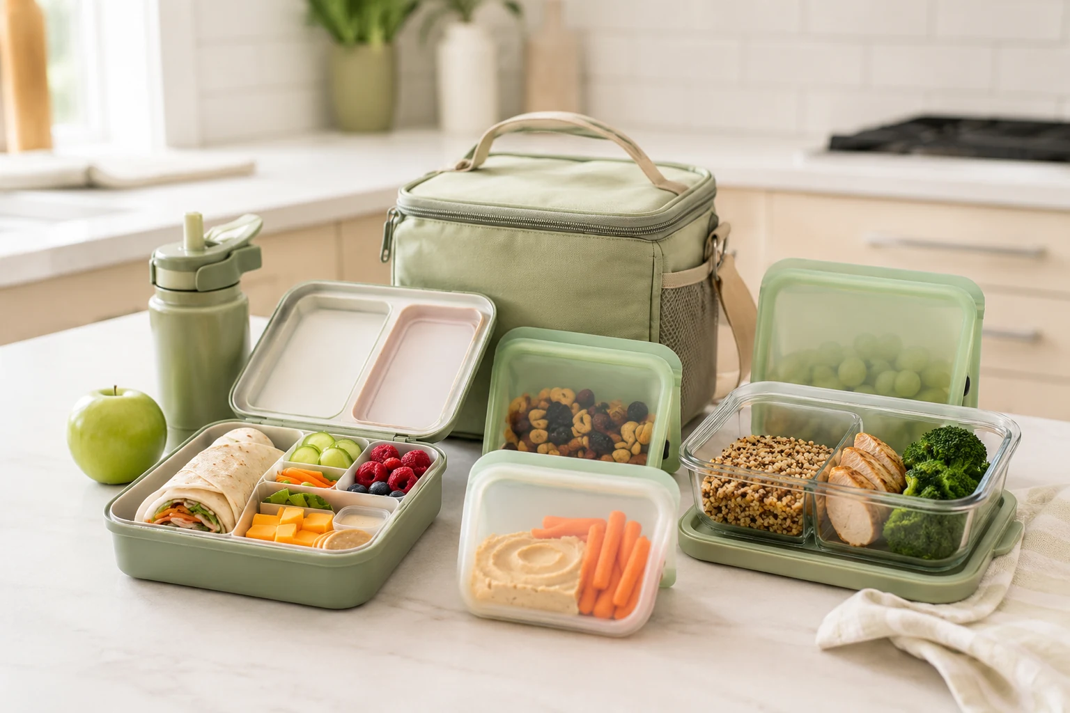 Complete lunchbox system with bento box, snack bag, insulated lunch bag, water bottle and prep container