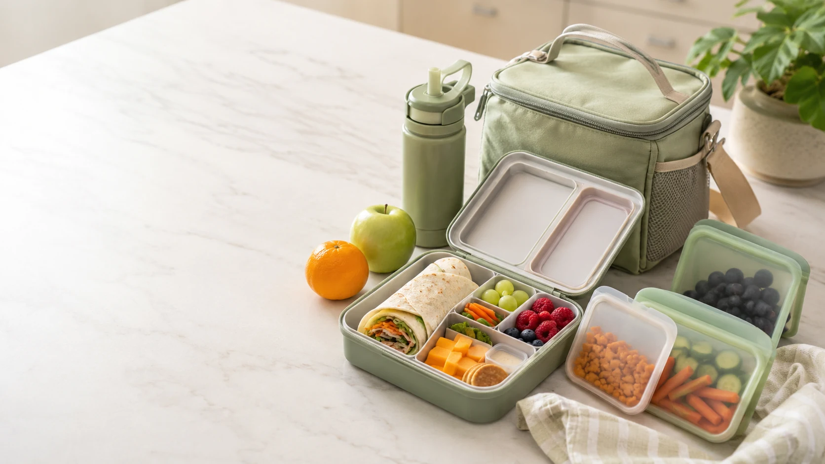 Reusable school lunch kit with green insulated lunch bag, bento box, water bottle and snacks on a clean kitchen counter