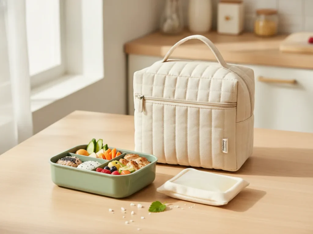 Insulated lunch bag with reusable containers prepared for a school or family day out