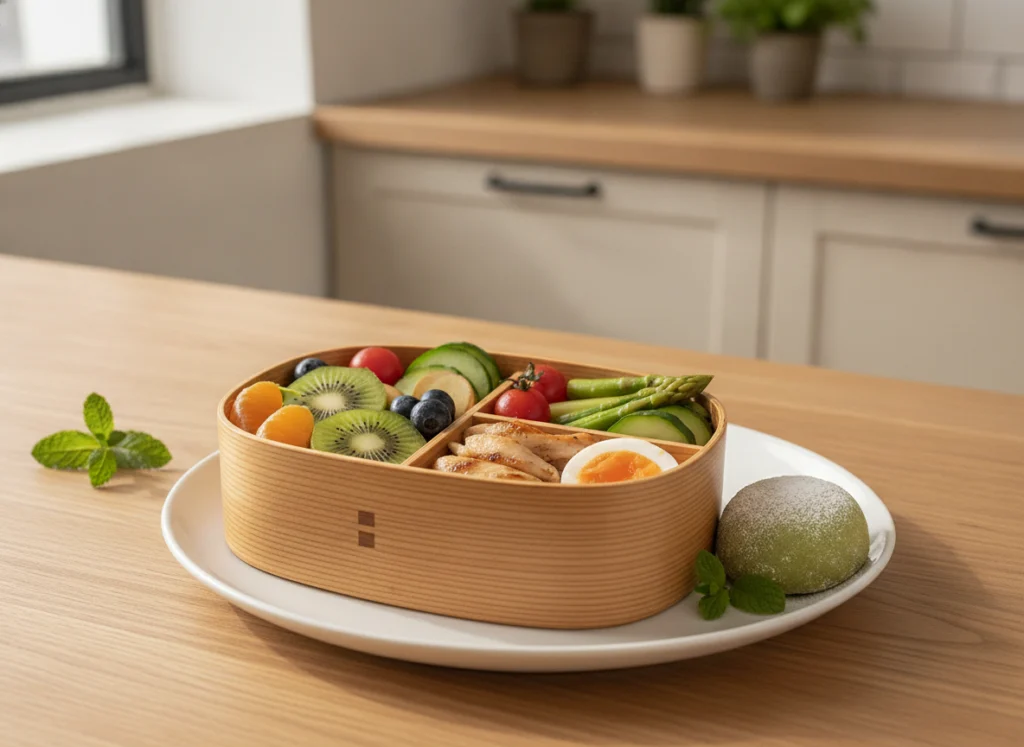 Bento box with neatly portioned fruit, vegetables and protein