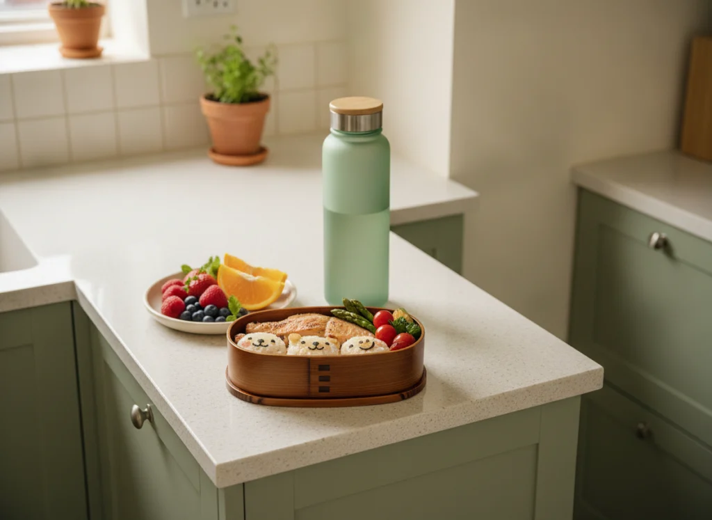 Packed bento box ready on a tidy kitchen counter