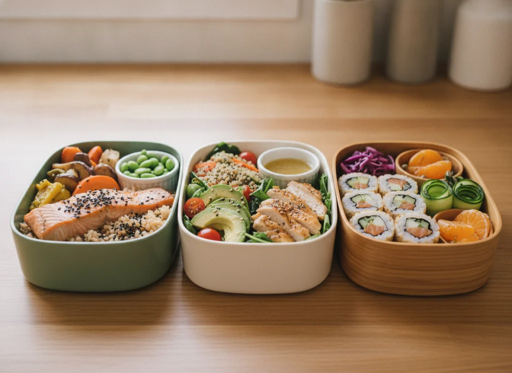 Several bento boxes with different colourful healthy lunch combinations
