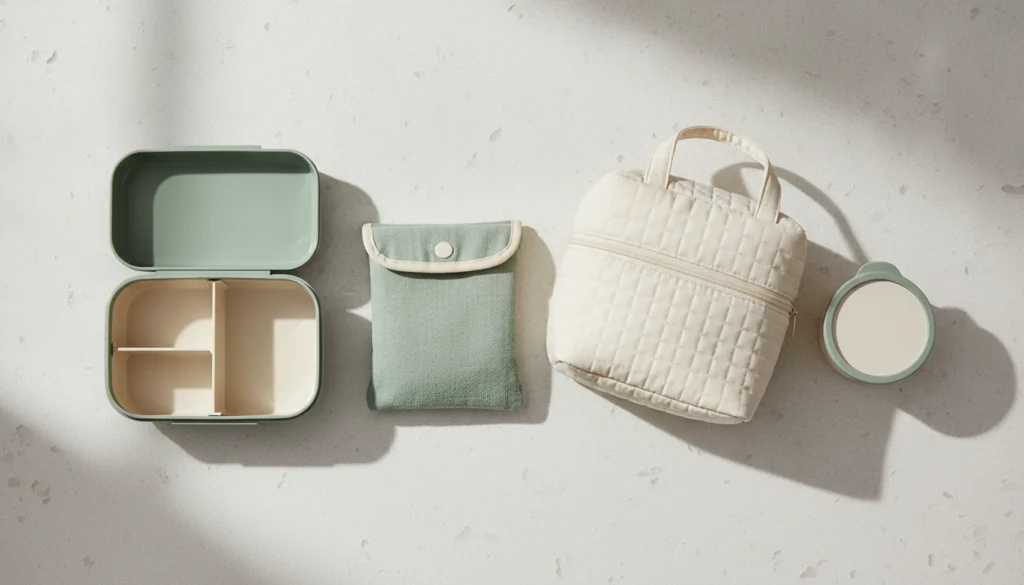 Complete reusable lunch system arranged horizontally: bento box, snack bag, insulated lunch bag and container
