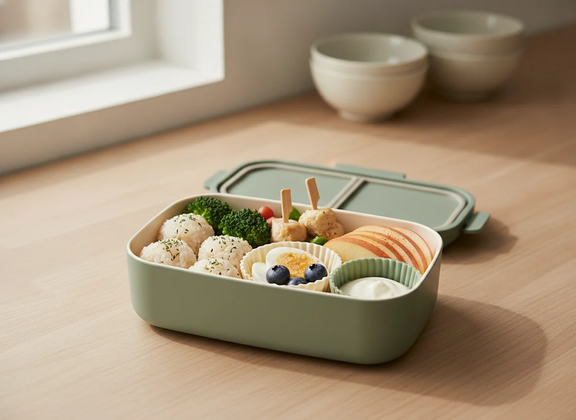 A single premium bento box, open, with a simple balanced kids' lunch inside