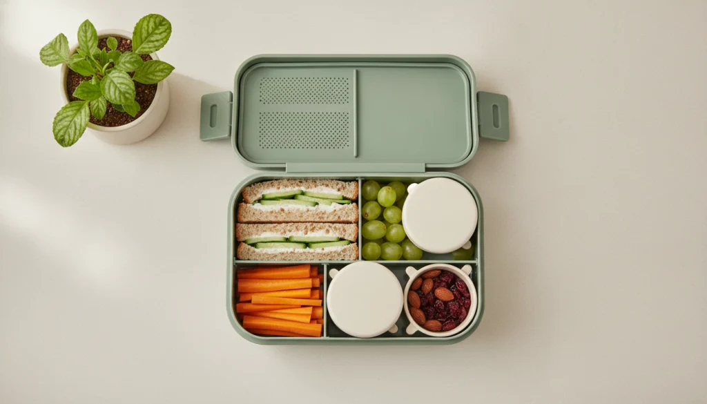 Open sage-green bento lunch box packed with a wholegrain sandwich, grapes, carrots and snacks beside a small leafy plant