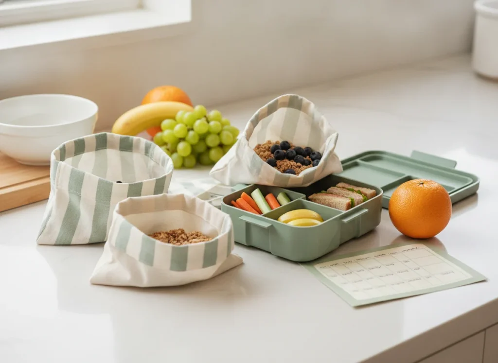 Reusable snack bags being packed as part of a school lunch routine
