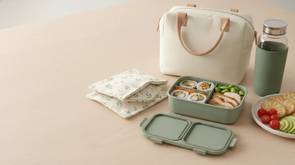 Bento box, reusable snack bags, lunch bag, bottle and fresh lunch arranged on a bright table