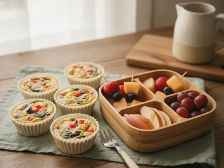 Make-ahead egg muffins with fruit portions for a school lunch