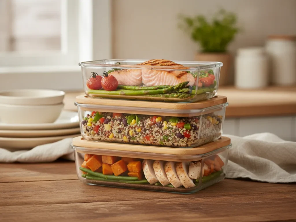 Stacked meal-prep containers filled with prepared family lunches