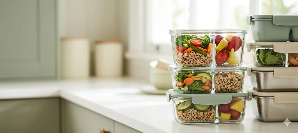Stack of glass and stainless-steel meal prep containers filled with balanced school lunches on a kitchen counter.