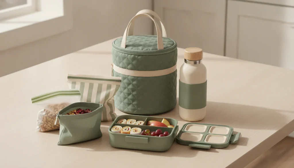 Complete lunchbox system with bento box, snack bags, lunch bag and water bottle