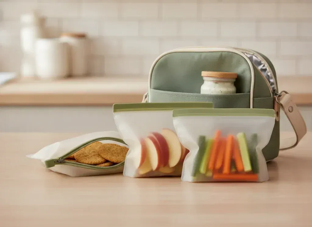 Reusable snack bags keeping fruit, crackers and vegetables organised