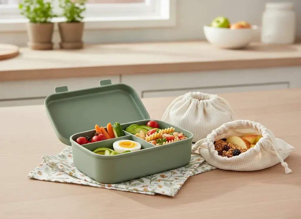 Reusable snack bags in a lower-waste school lunch setup