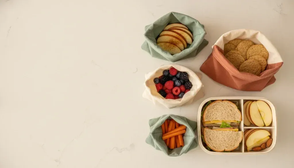Reusable snack bags filled with fruit, crackers and a sandwich beside a school lunchbox
