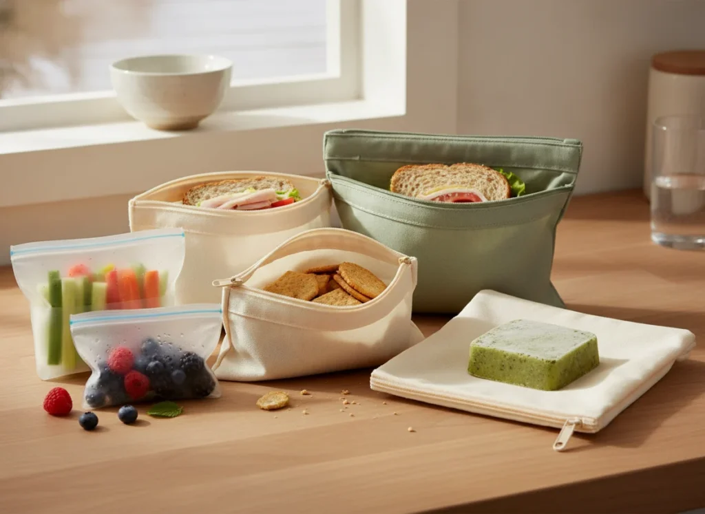 Different reusable snack bag sizes for fruit, sandwiches and meal prep