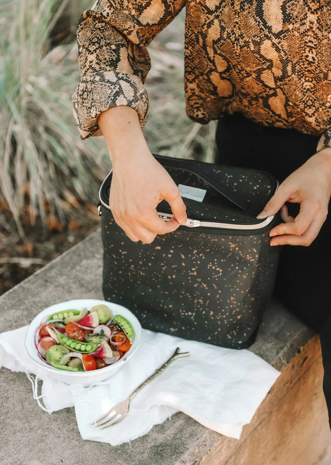 Complete reusable school lunch system: insulated bag, bento box, snack bags and water bottle