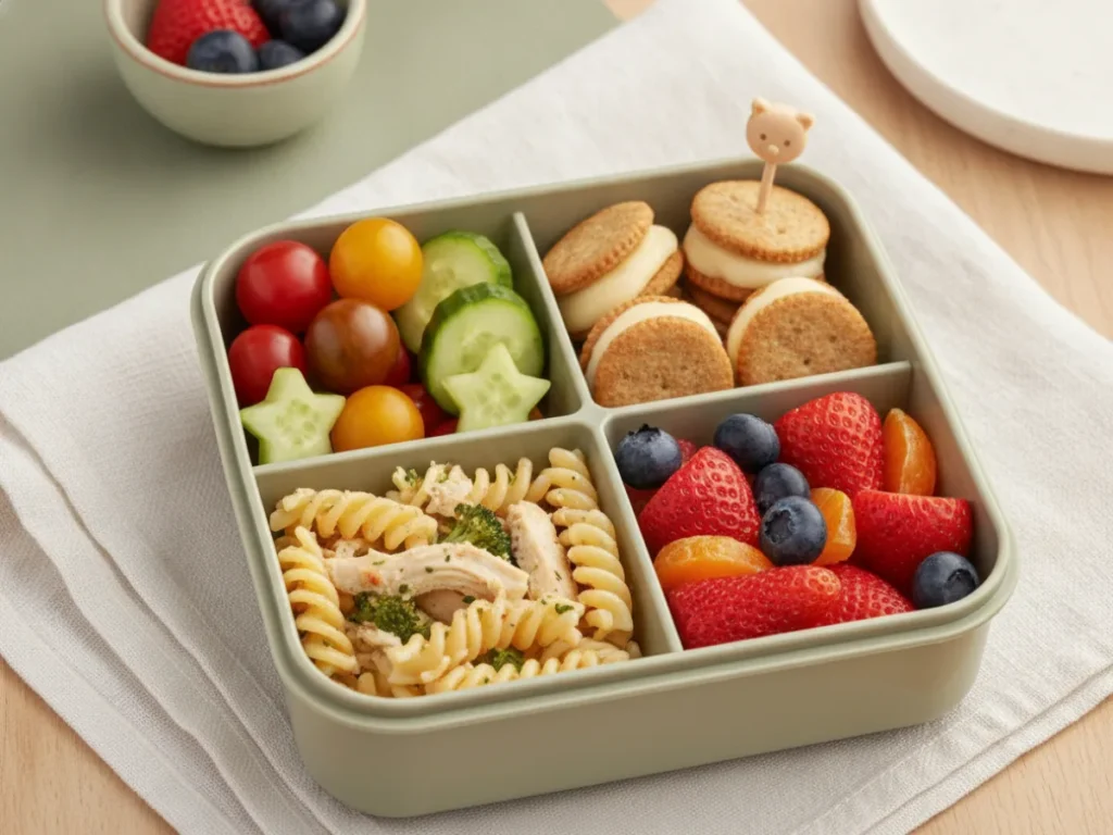 A colourful school lunch arranged in a compartment lunchbox