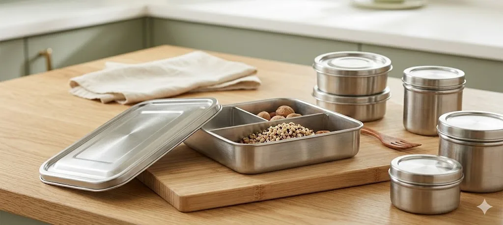 Stainless steel meal prep containers on a wooden kitchen surface.