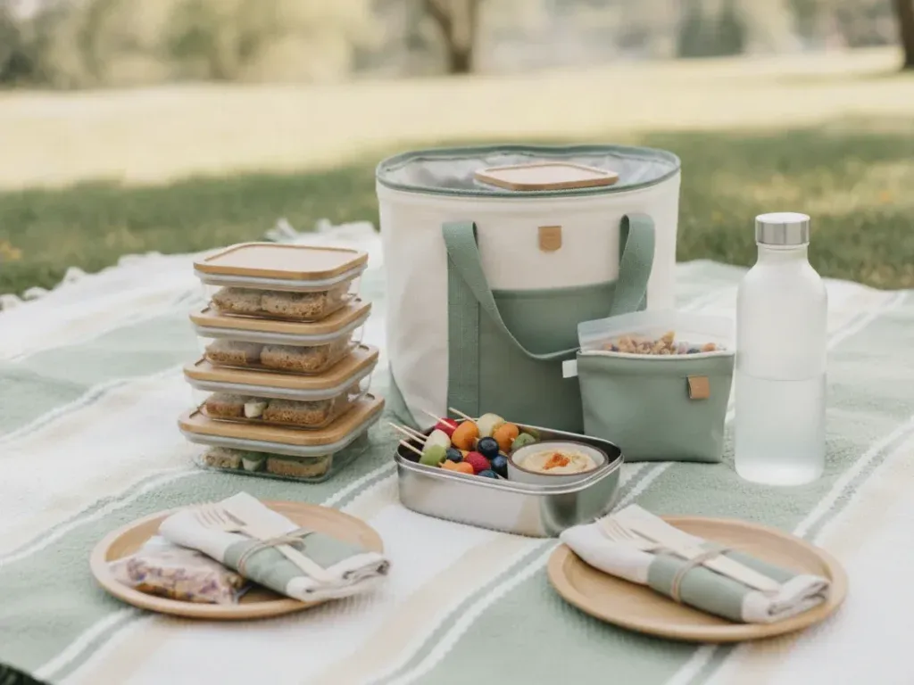 Reusable picnic lunch containers and snack bags on a summer blanket