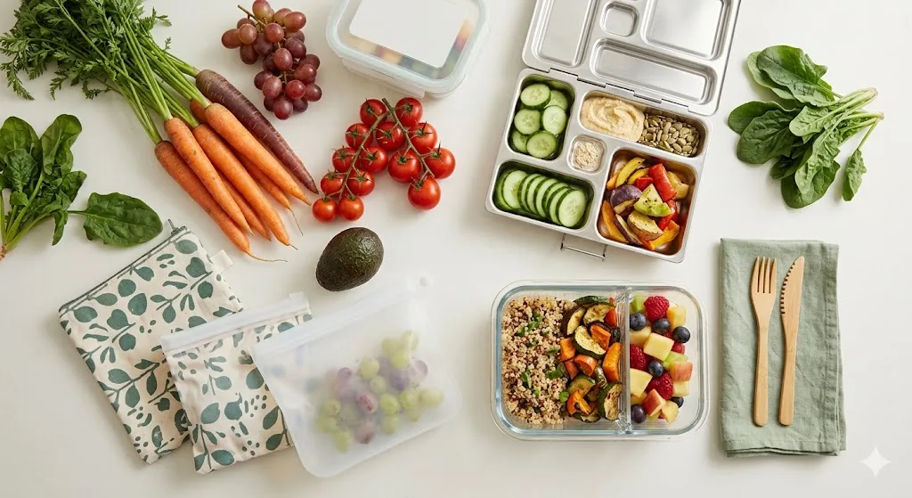 Flat-lay of a weekly meal prep routine with containers and fresh produce.