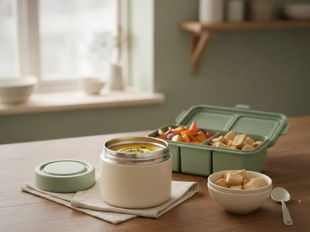 A warm soup lunch with an insulated container and meal-prep box